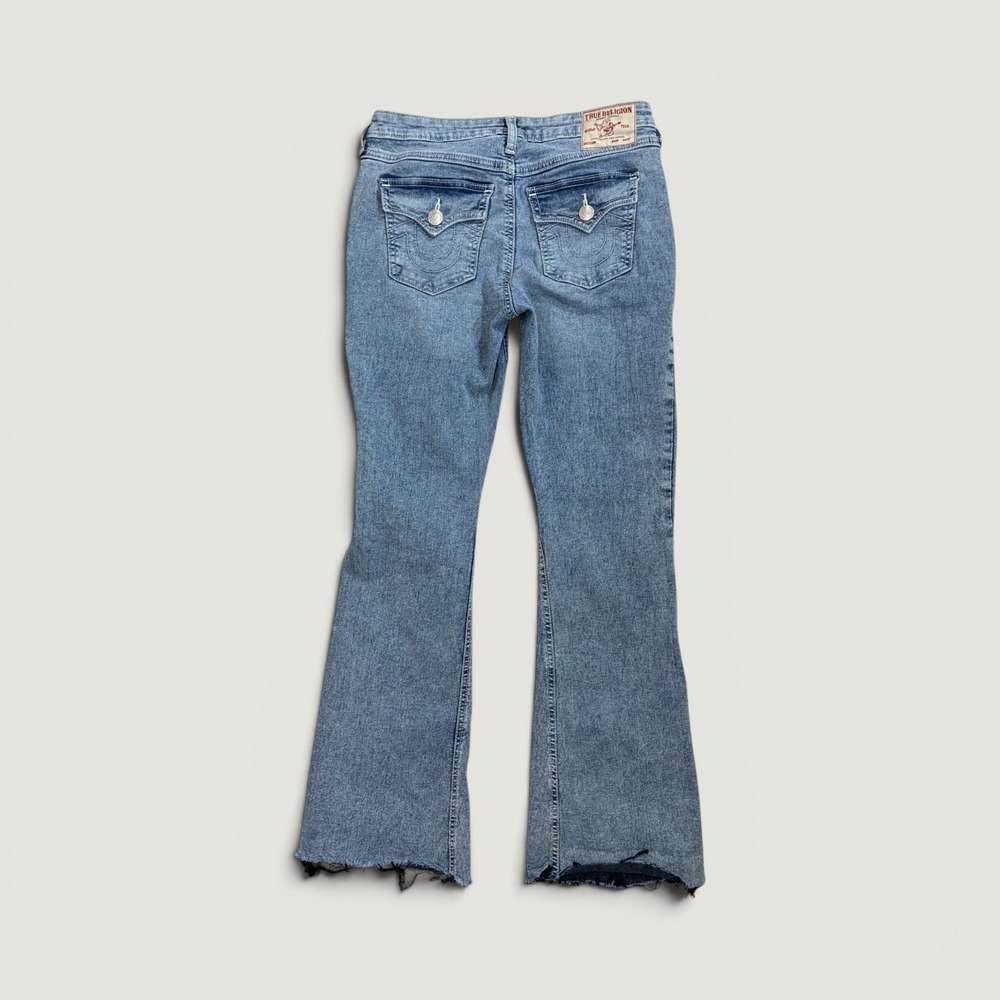True Religion Joey Flare Jeans Womens 28 Blue Mid Rise Raw Hem Flap Pocket